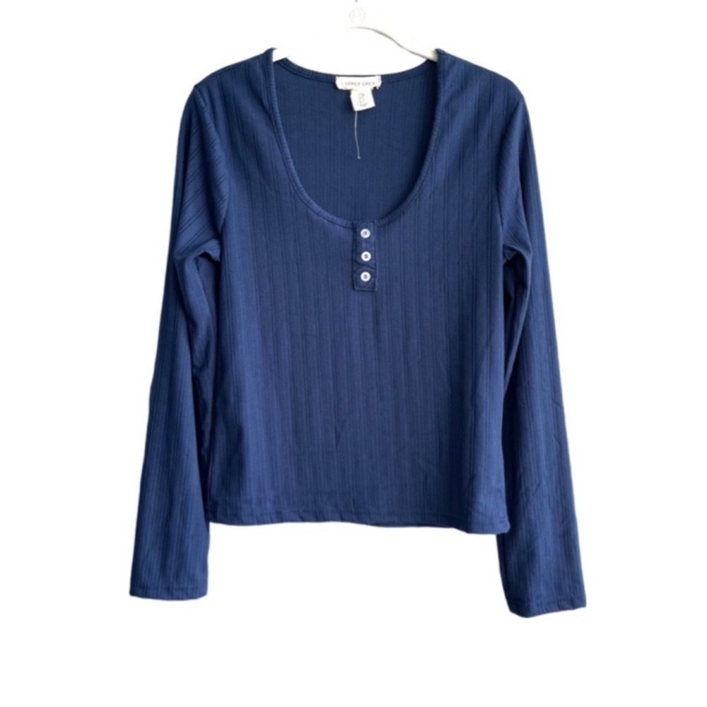 Happily Grey Long Sleeve Tee Scoop Neck Button Detailing Ribbed Knit Blue Size L